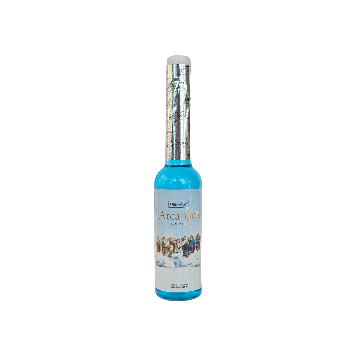 Bottle of 7 Archangel Cologne with a blue label on a white background
