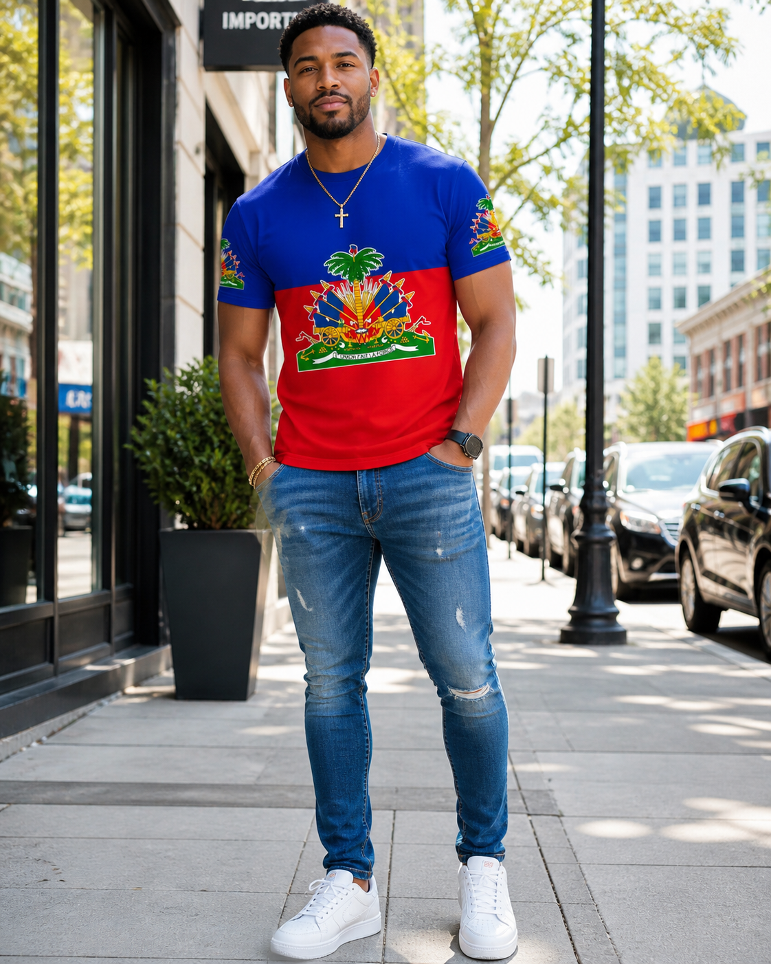 Caramel skin Haitian man wearing a blue and red Haitian flag graphic T-shirt, blue jeans, and white sneakers while standing on an American city sidewalk.