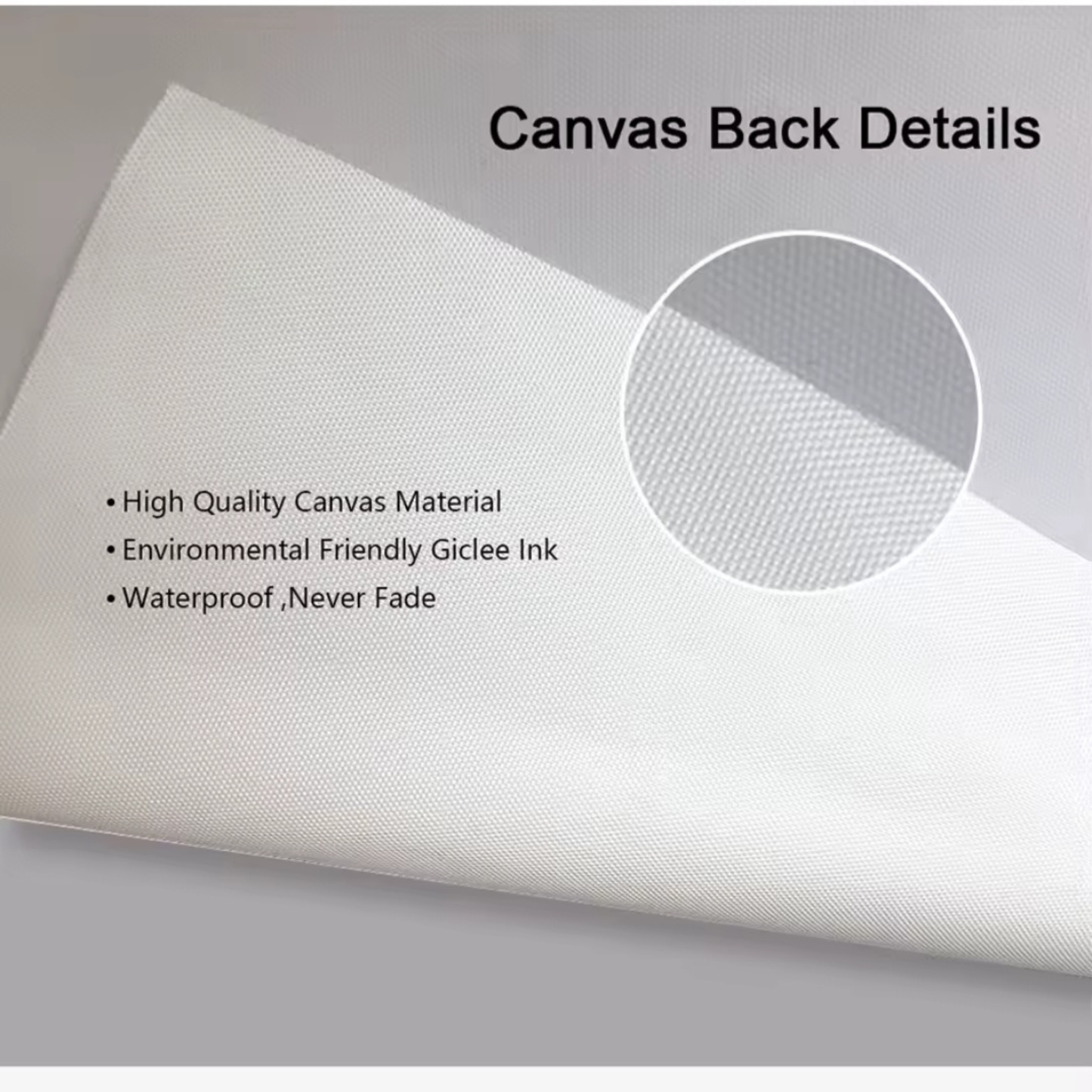 Canvas back details with high-quality material, environmental-friendly ink, and waterproof properties on a gray background.
