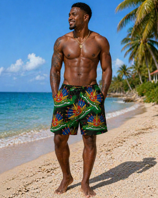 Man wearing shorts with Haiti Emblem