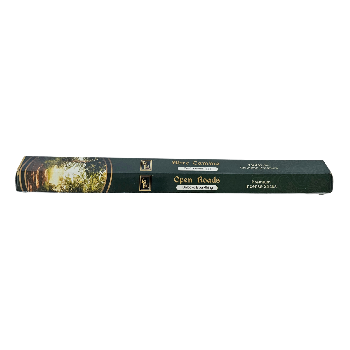 Box of Abre Camino Open Roads incense sticks on a white background