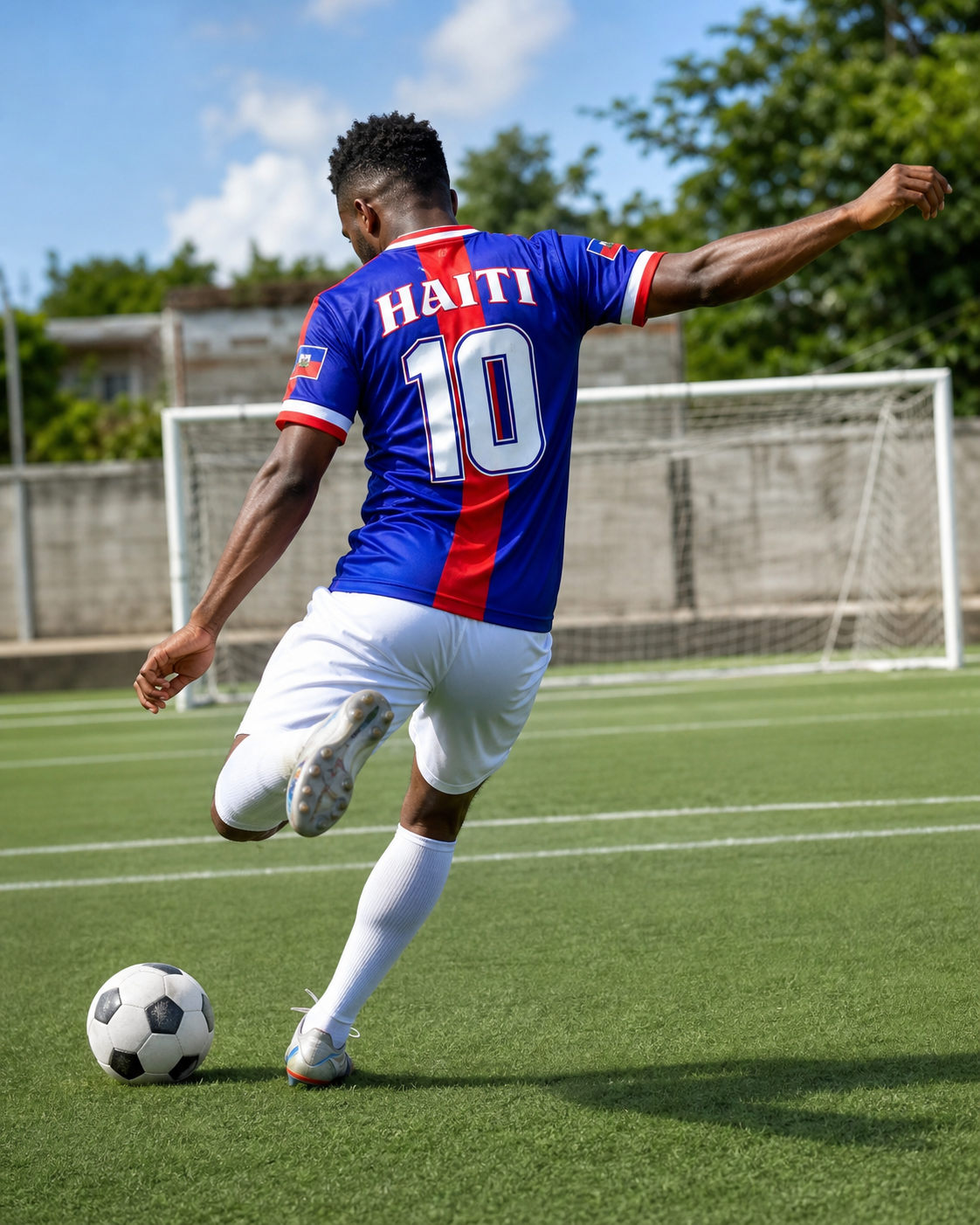 Soccer player in a blue and red jersey with 'Haiti' and number '10' on a soccer field.