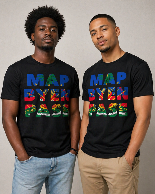 Two men wearing black t-shirts with colorful text and patterns Haiti