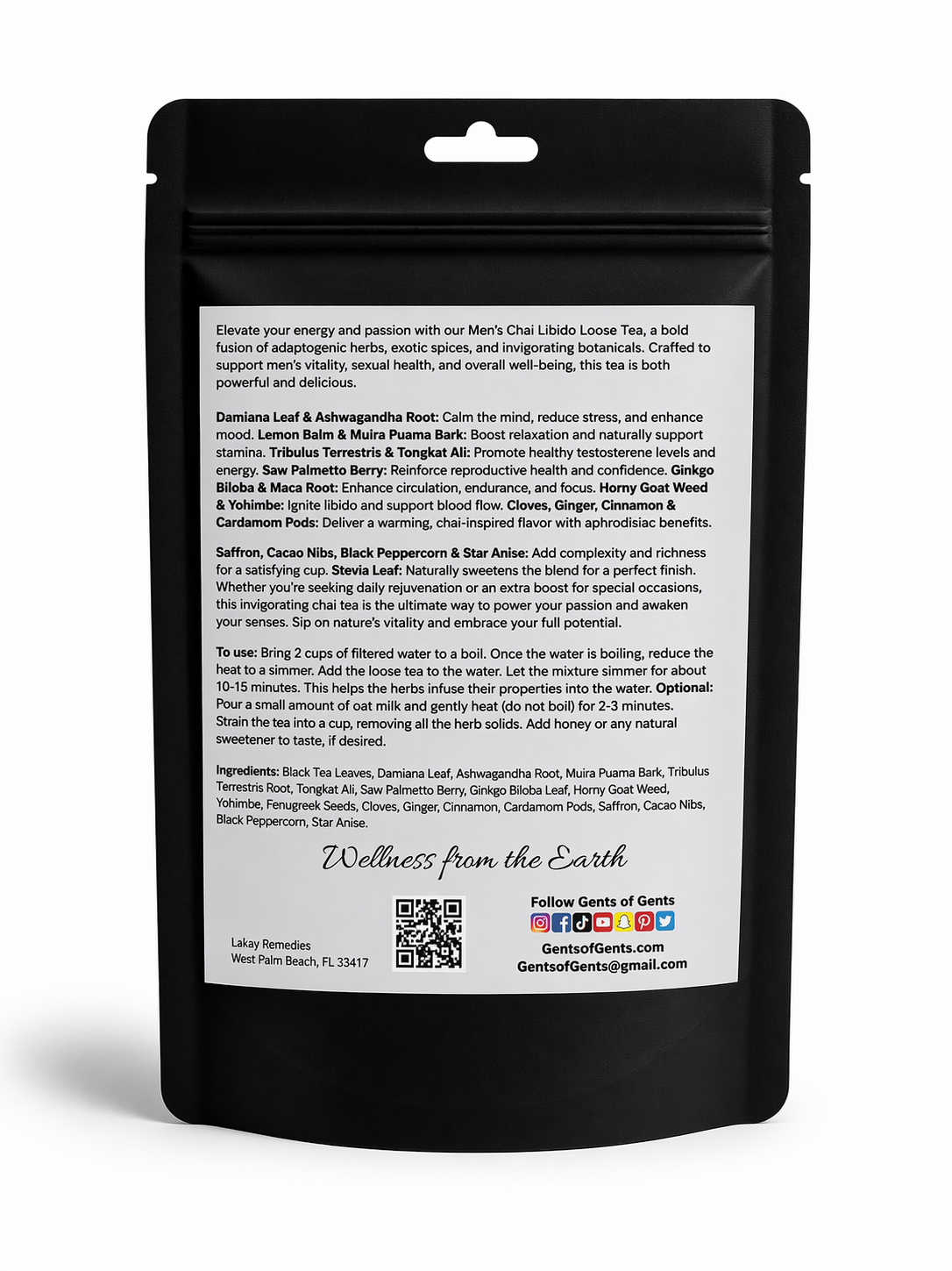 Black tea package with text and QR code on a white background