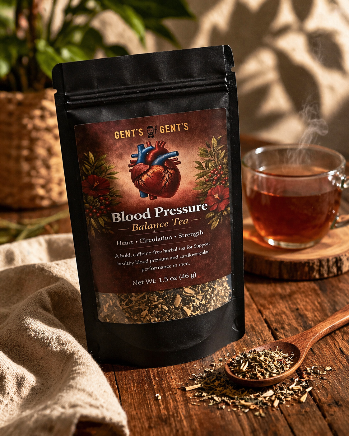Gent's Blood Pressure Balance Tea package on a wooden surface with a steaming cup of tea in the background.