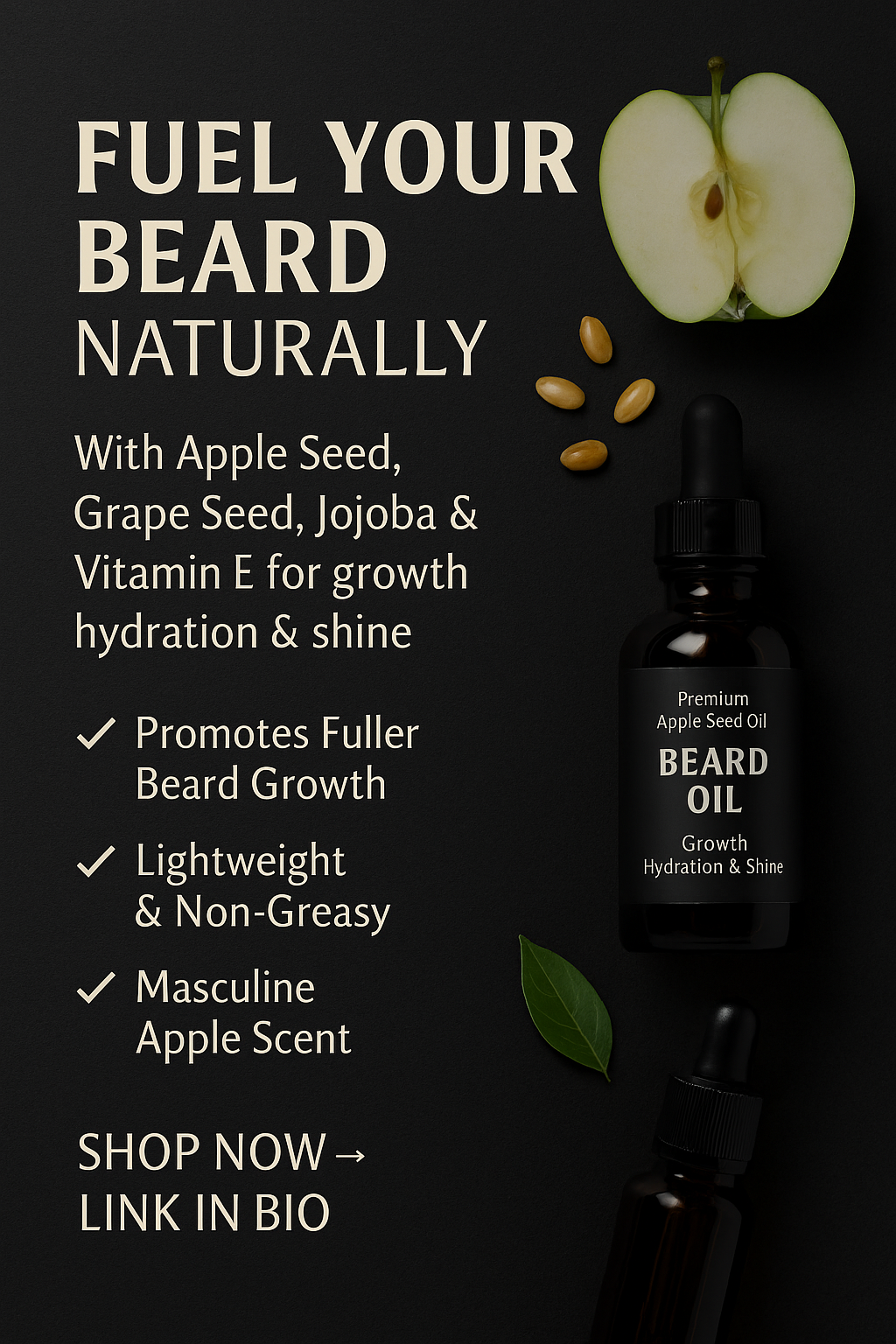 Beard oil bottle with apple seed, grape seed, and jojoba seeds on a dark background.