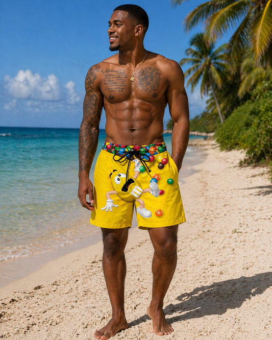 Man wearing M&M shorts