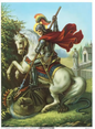 Knight on a white horse with a red cloak defeating a dragon, with a castle and trees in the background.