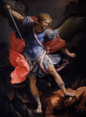Painting of an angel with a sword defeating a dragon, dark background