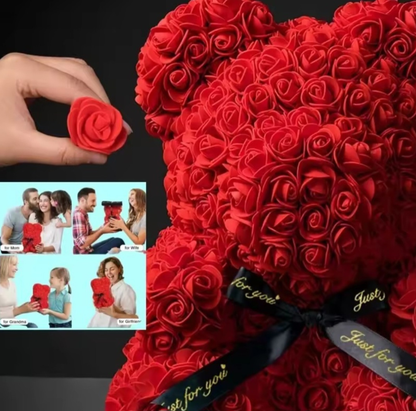 Red rose teddy bear with a hand placing a red rose on it, surrounded by small images of people holding similar gifts.