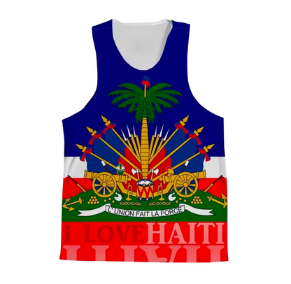 Tank top with Haitian flag design and 'I Love Haiti' text on a white background