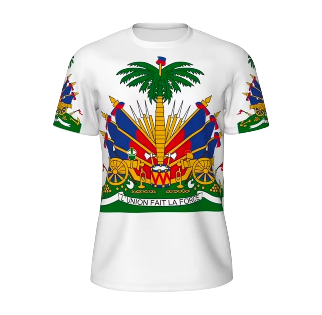 White t-shirt with Haiti emblem design on a white background