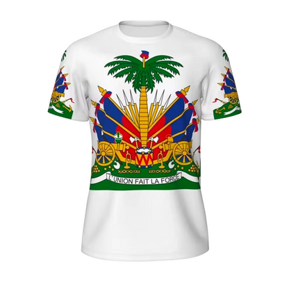 White t-shirt with Haiti emblem design on a white background