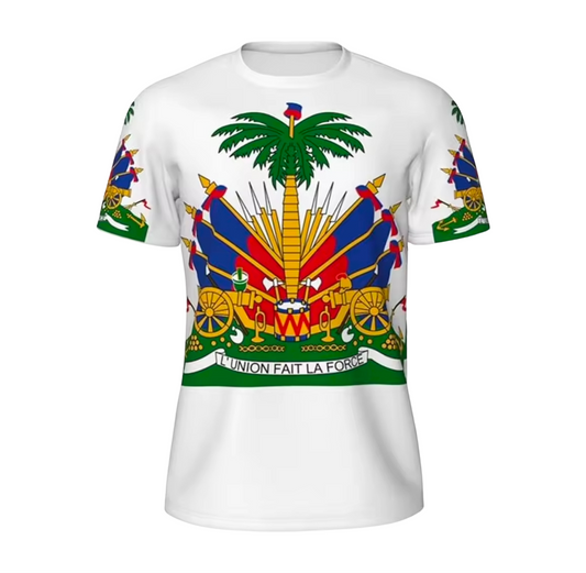 White t-shirt with Haiti emblem design on a white background