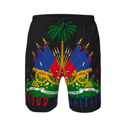 Black shorts with Haitian flag design on a white background