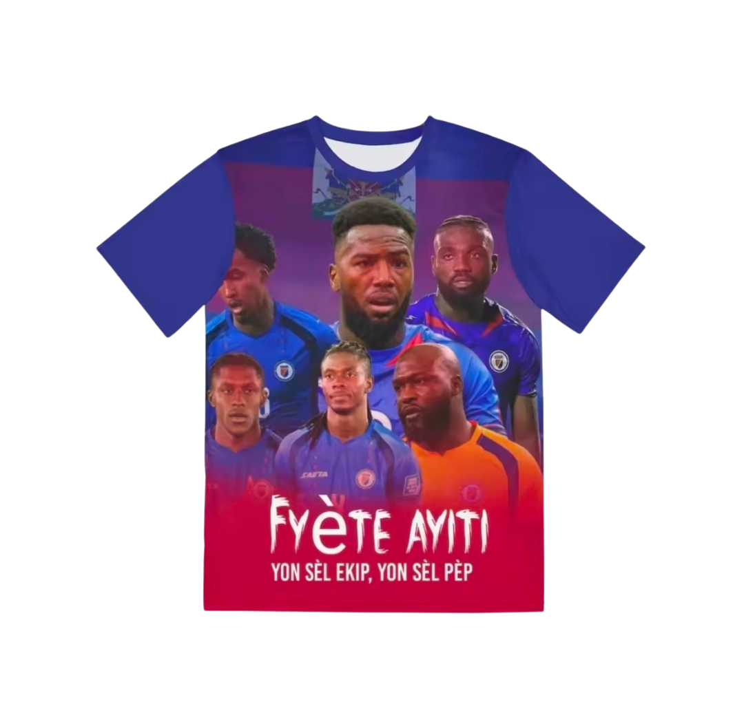 T-shirt with images of athletes and text on a white background