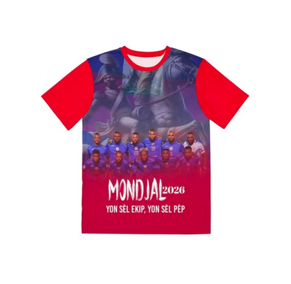 T-shirt with a graphic design featuring a group of people and text on a white background