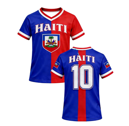 Haiti-themed sports jersey with red and blue design on a white background
