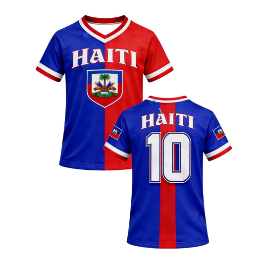 Haiti-themed sports jersey with red and blue design on a white background