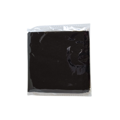 Black fabric Spiritual Mouchwa in a clear plastic bag on a white background