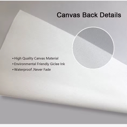Canvas back details with high-quality material, environmental-friendly ink, and waterproof properties on a gray background.
