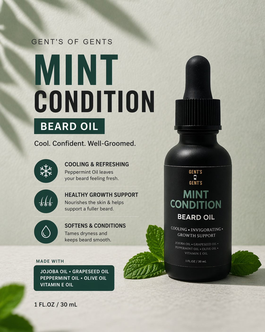 Gent's & Gents Mint Condition beard oil bottle with dropper on a light background