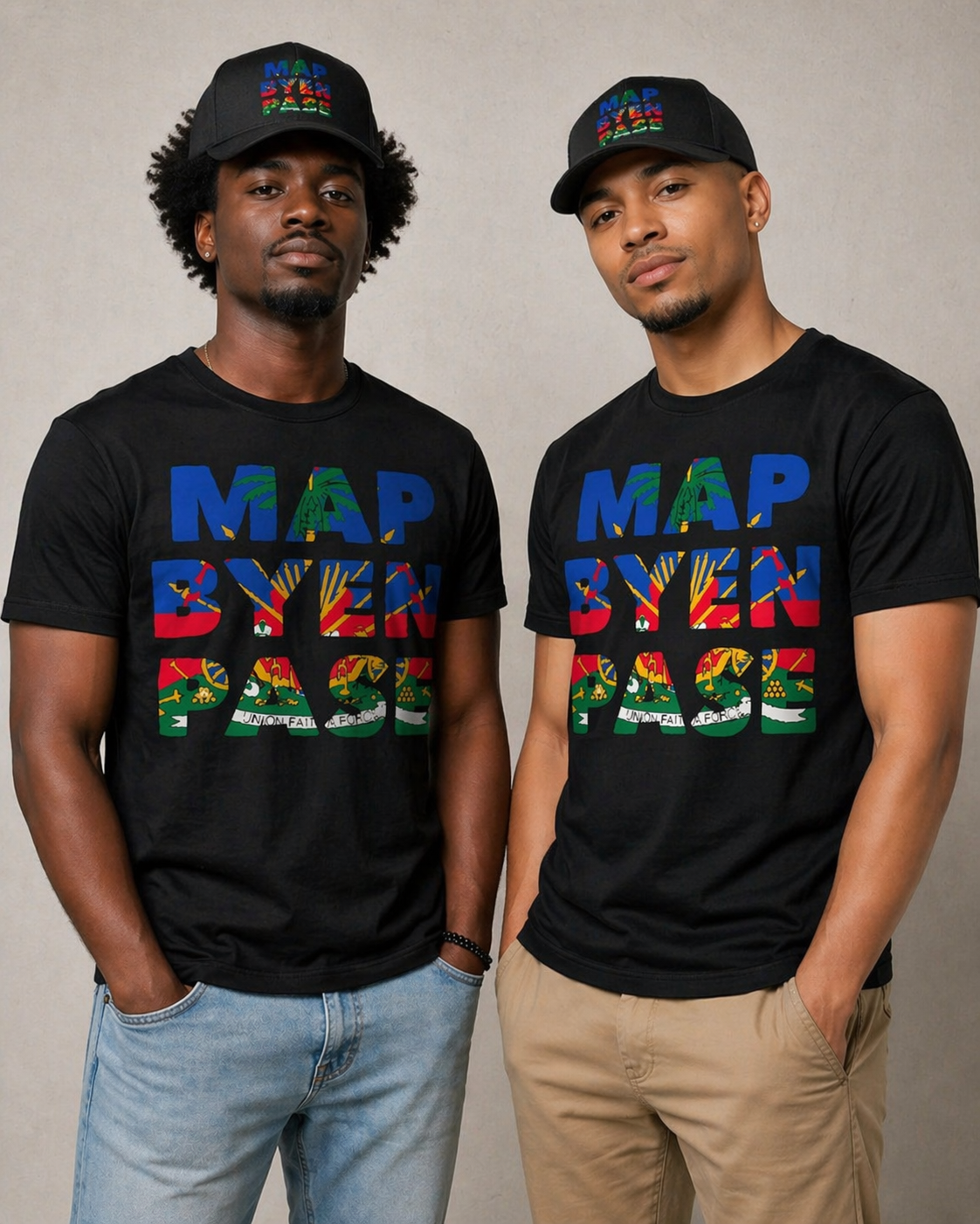Two men wearing black t-shirts with colorful text and graphics, standing against a plain background.