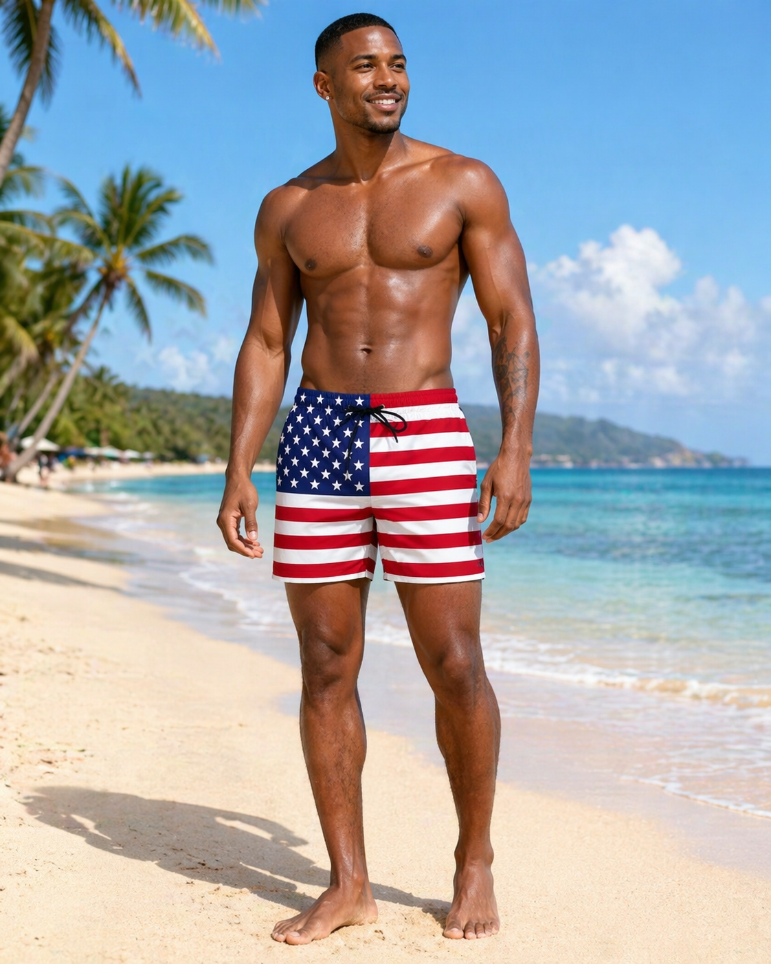 Man wearing American flag swim shorts on a tropical beach