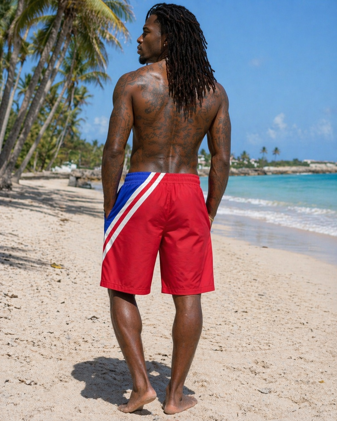 Man wearing Haiti short with emblem