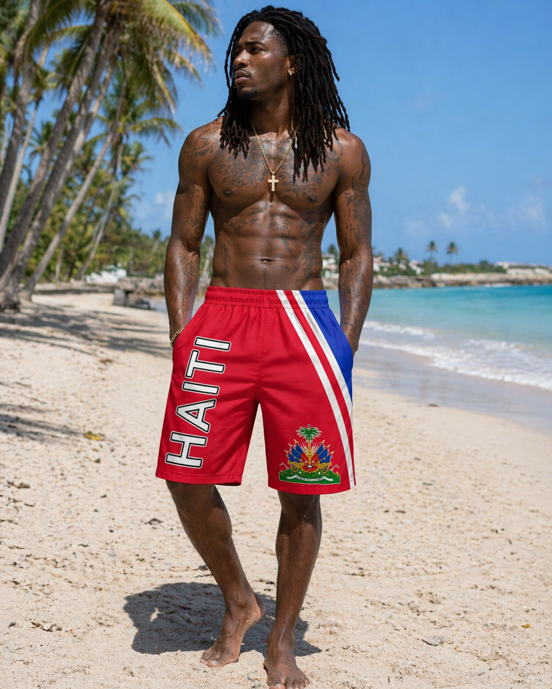 Man wearing Haiti short with emblem