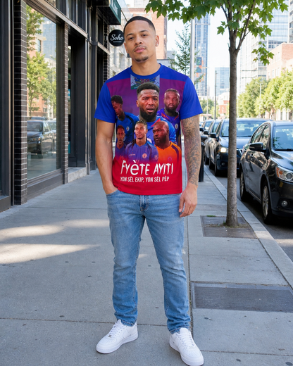 Man wearing a colorful graphic t-shirt on a city street