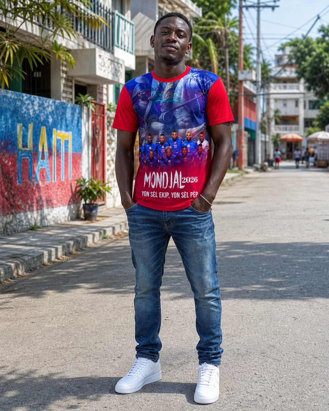 Man wearing a Haiti soccer team colorful graphic t-shirt Lakay Remedies 