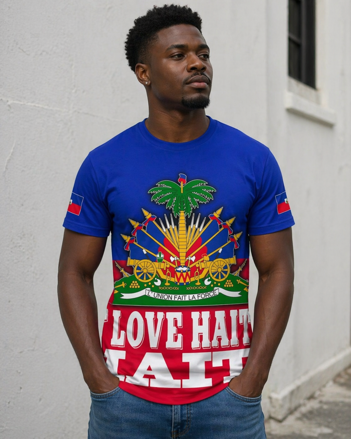 Man wearing a blue t-shirt with a colorful design and 'I Love Haiti' text against a white wall.