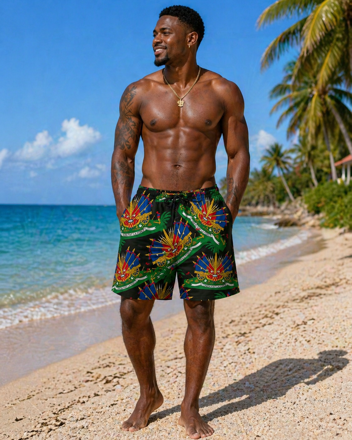 Man wearing shorts with Haiti Emblem