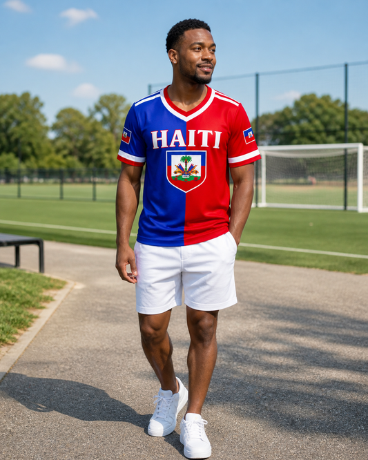 Person wearing a red, white, and blue Haiti jersey on a sports field.