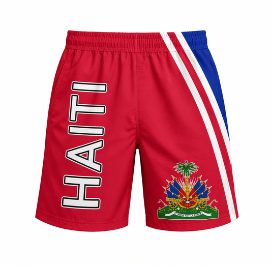 Red shorts with 'Haiti' text and emblem on a white background