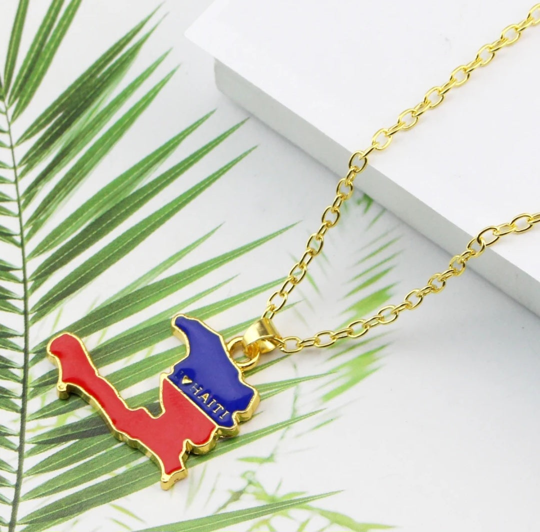 I Love Haiti Small Flag Pendant Gold Necklace