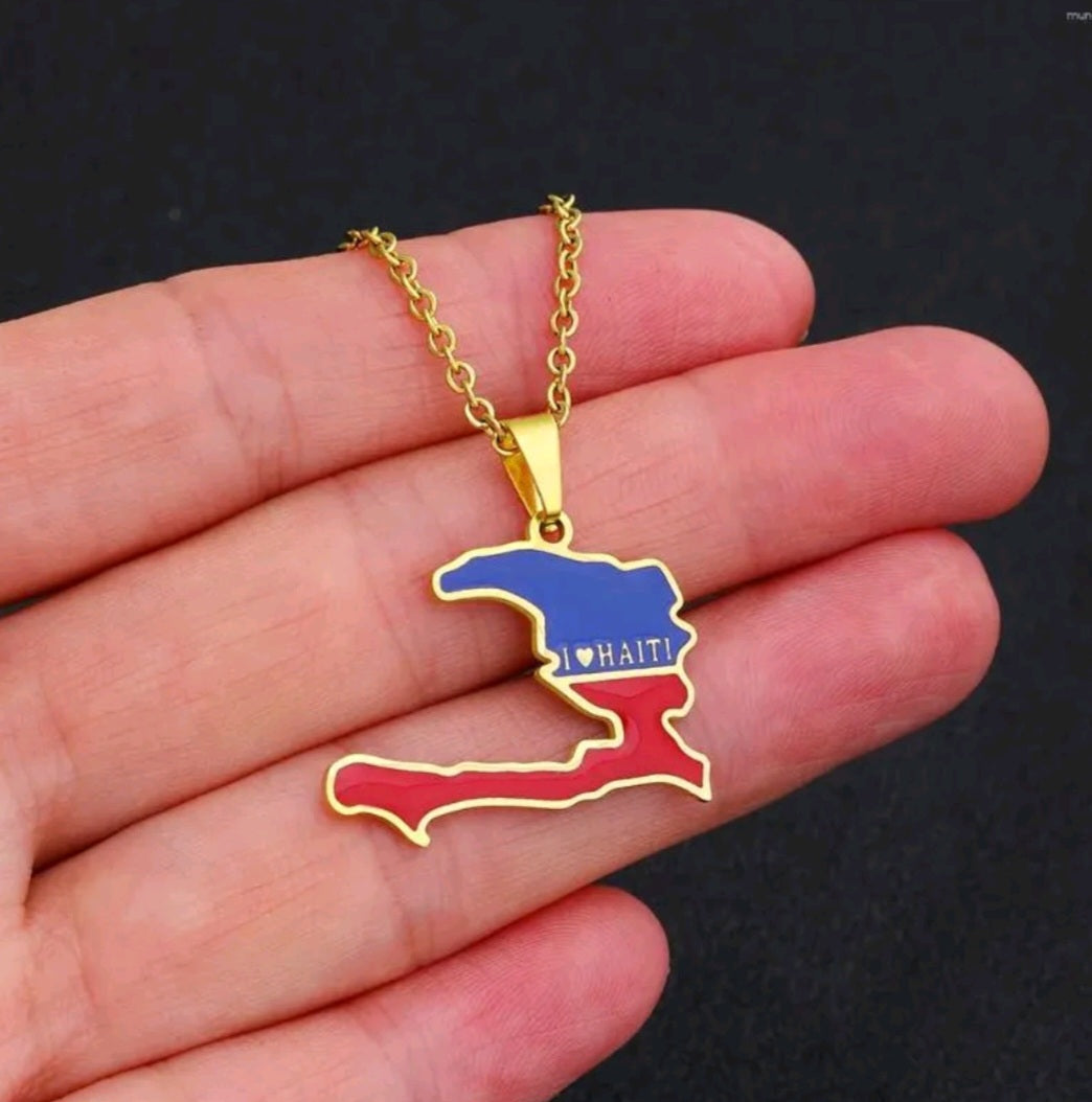 I Love Haiti Small Flag Pendant Gold Necklace