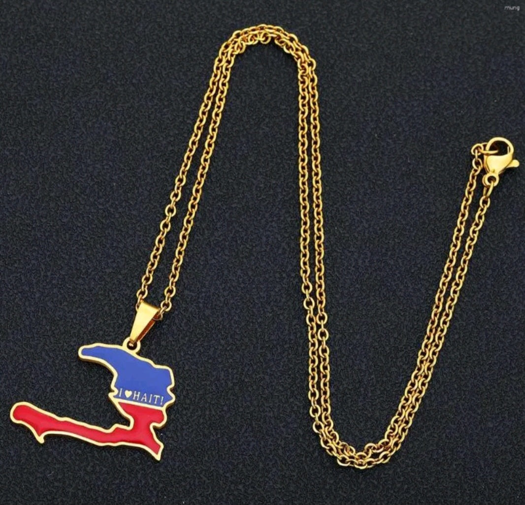 I Love Haiti Small Flag Pendant Gold Necklace