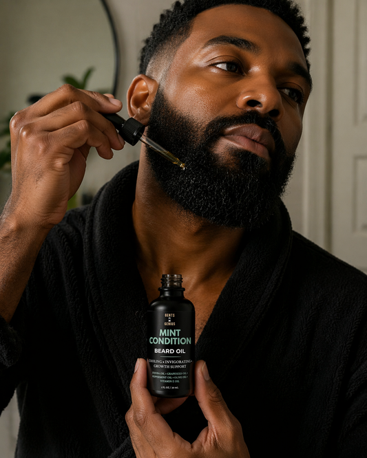 Man applying beard oil to his beard with a dropper bottle.