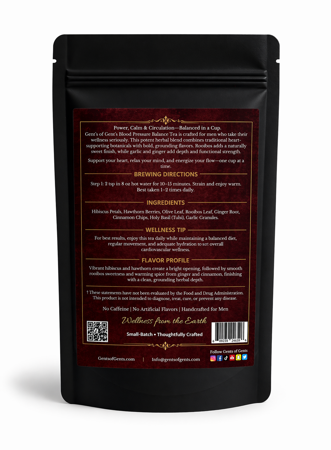 Black packaging with red text and QR code on a white background