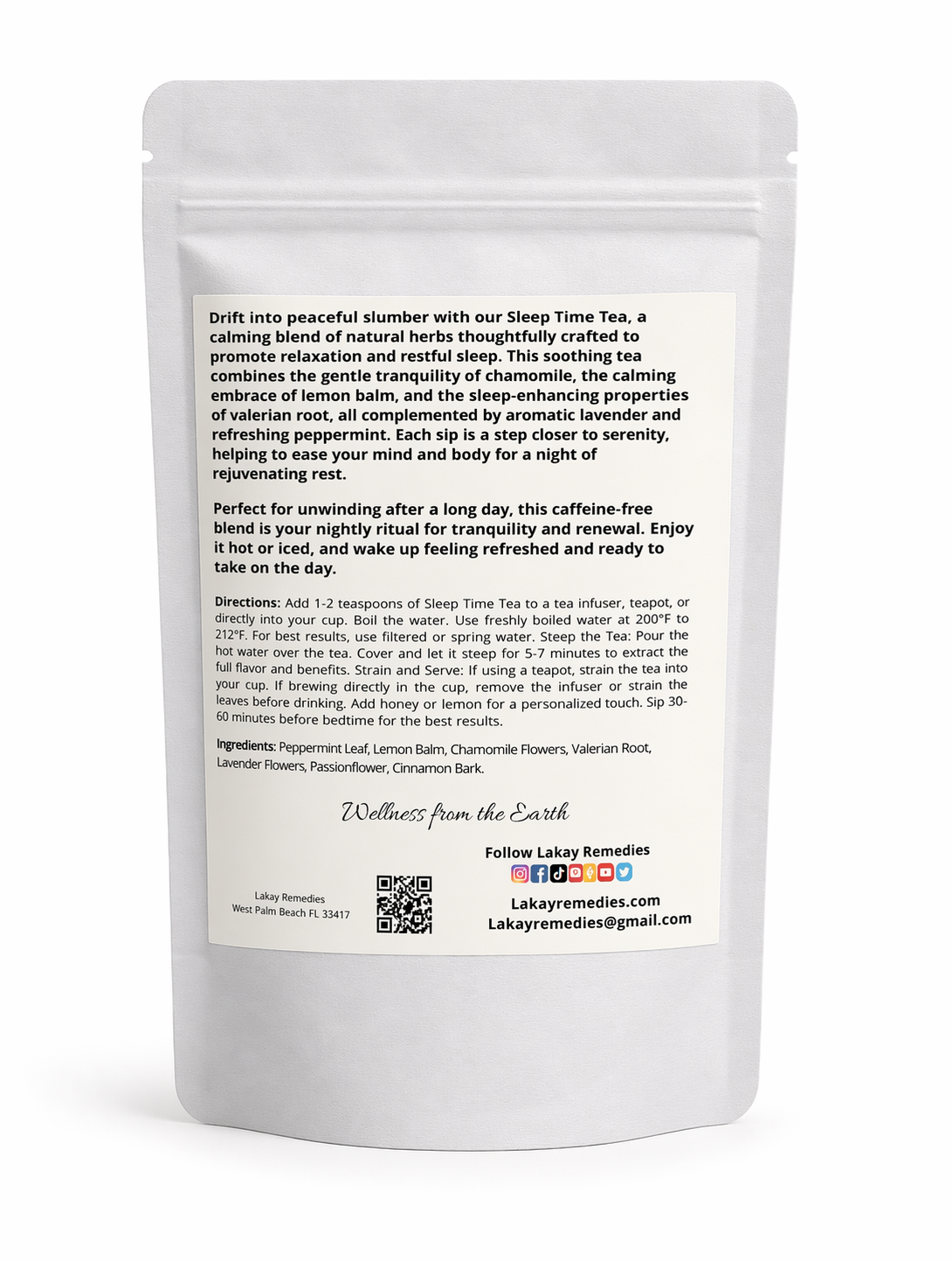 Tea package with text and branding on a white background
