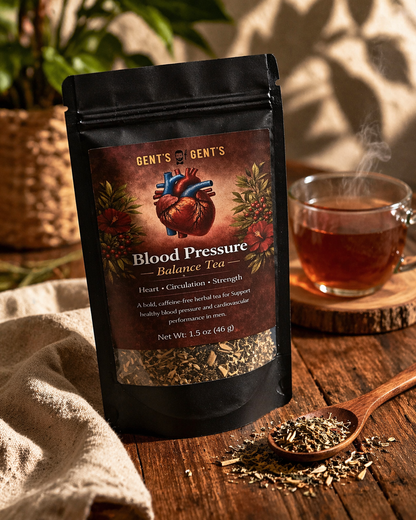 Gent's Blood Pressure Balance Tea package on a wooden surface with a steaming cup of tea in the background.