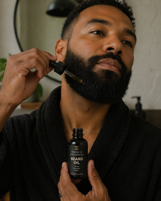Man applying beard oil to his beard with a dropper bottle.