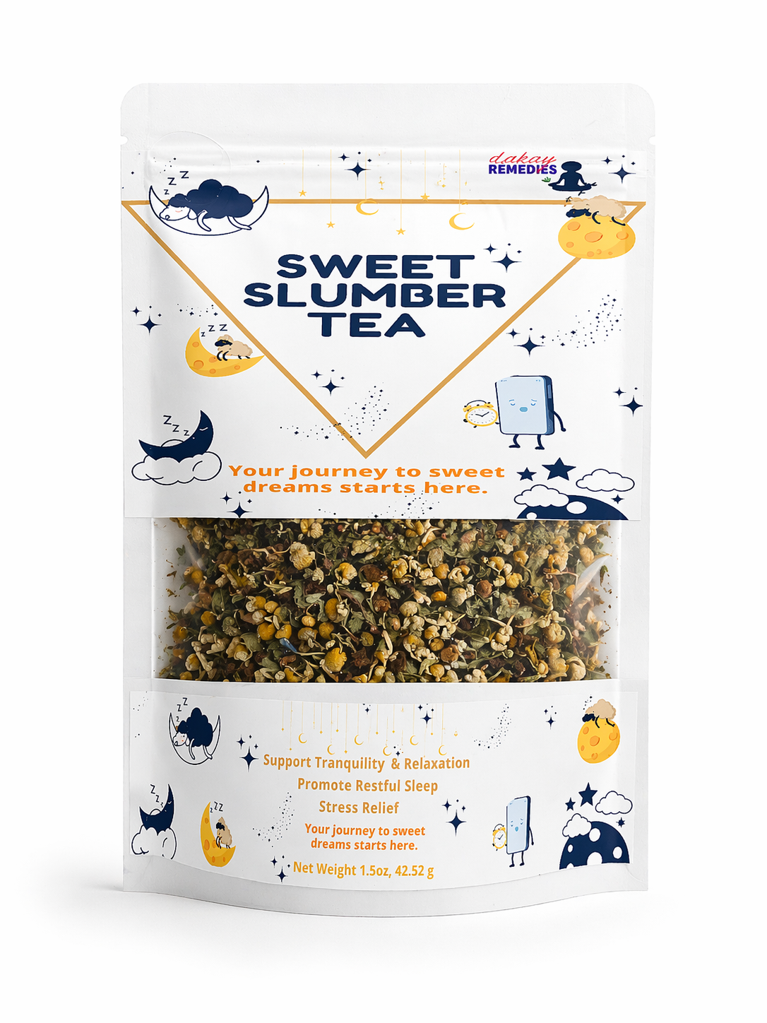 Sweet Slumber Tea package with tea leaves inside on a white background