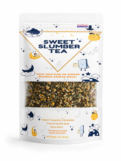 Sweet Slumber Tea package with tea leaves inside on a white background