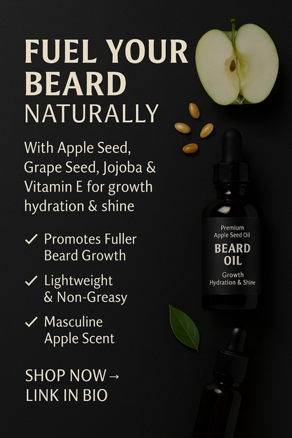 Beard oil bottle with apple seed, grape seed, and jojoba seeds on a dark background.