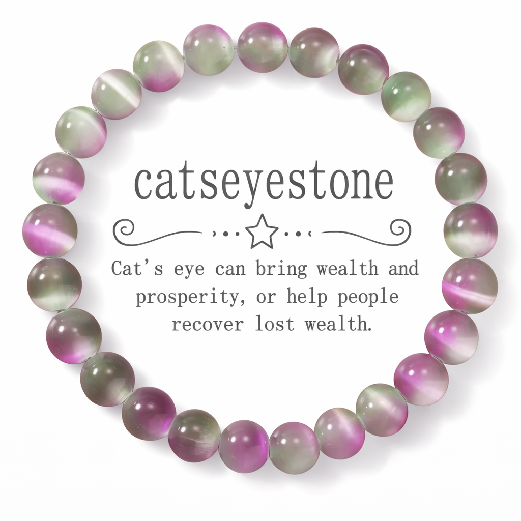 Catseyestone bracelet with purple and green beads on a white background