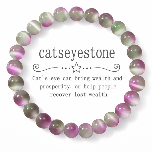 Catseyestone bracelet with purple and green beads on a white background