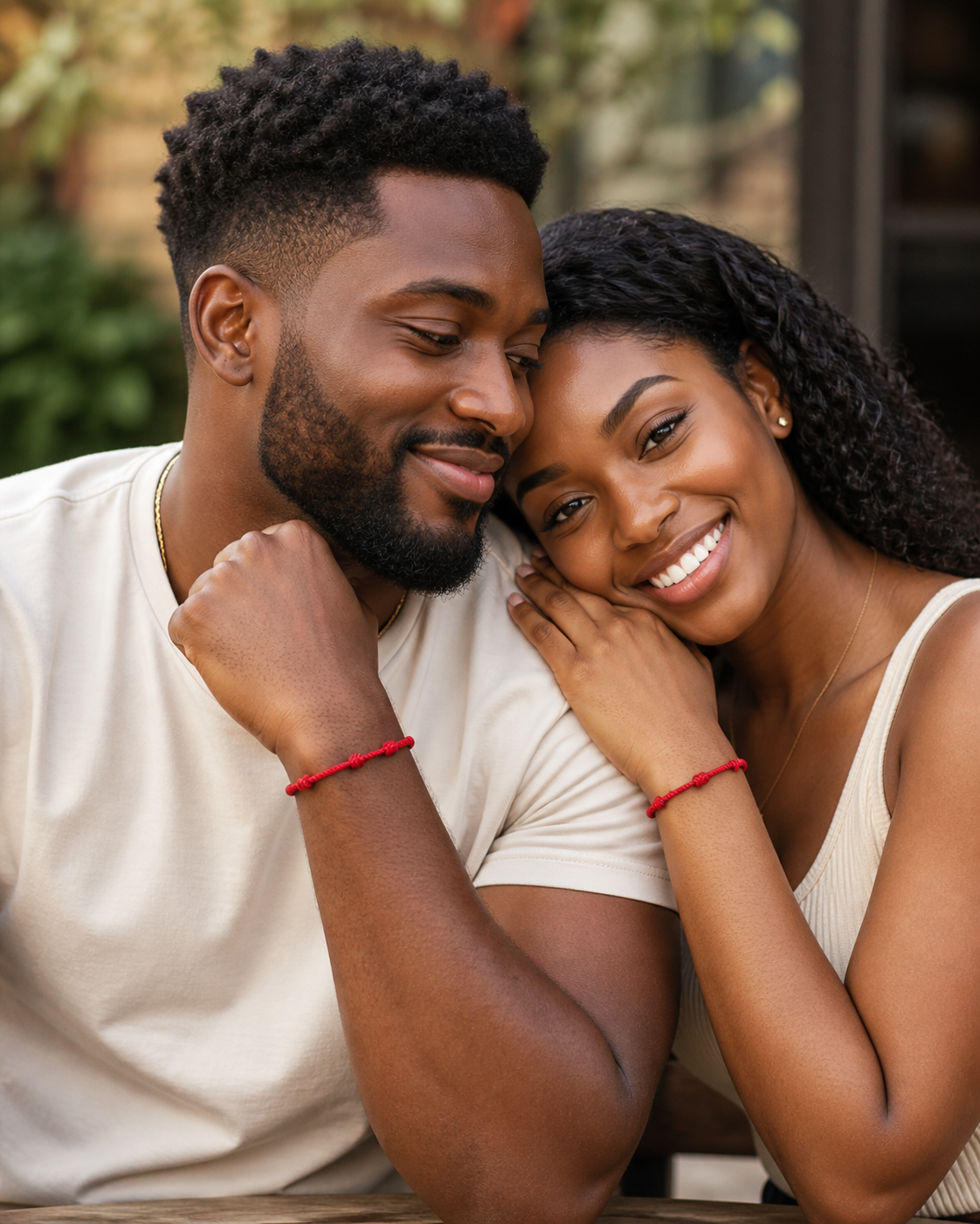 Couple embracing outdoors with a blurred background